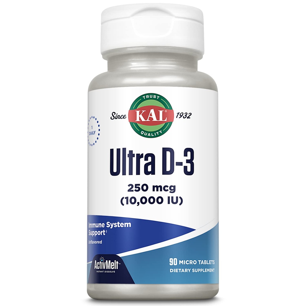 KAL Ultra ויטמין D3 250 mcg (10000 IU), ויטמין D, Calcium Absorption, Bone Health ו- Immune Support Supplement, Instant Dissolve, Unflavored ActivMelt, 90 משרתים, 90 טבליות מיקרו