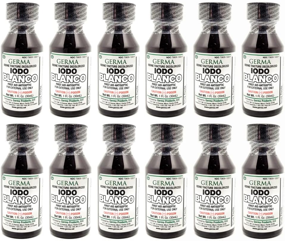 גרמה וייט Iodine Tincture עזרה ראשונה אנטיספפטית עבור סאנסים קטנים, חתכים, Bruises ו Burns. מניעת זיהומים בעור חבילה של 12