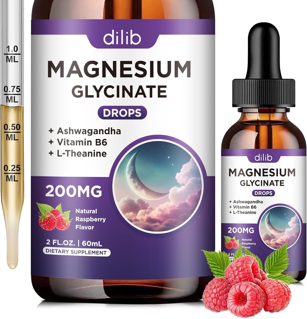 Magnesium Glycinate 200 מ"ג תוסף, מגנזיום נוזל טיפות עם ויטמין B6, Ashwagandha, L - Theanine, Chamomile - Support Stress Relief, העצם, השרירים, Mood - Raspberry Flavor - 2 FL.OZ