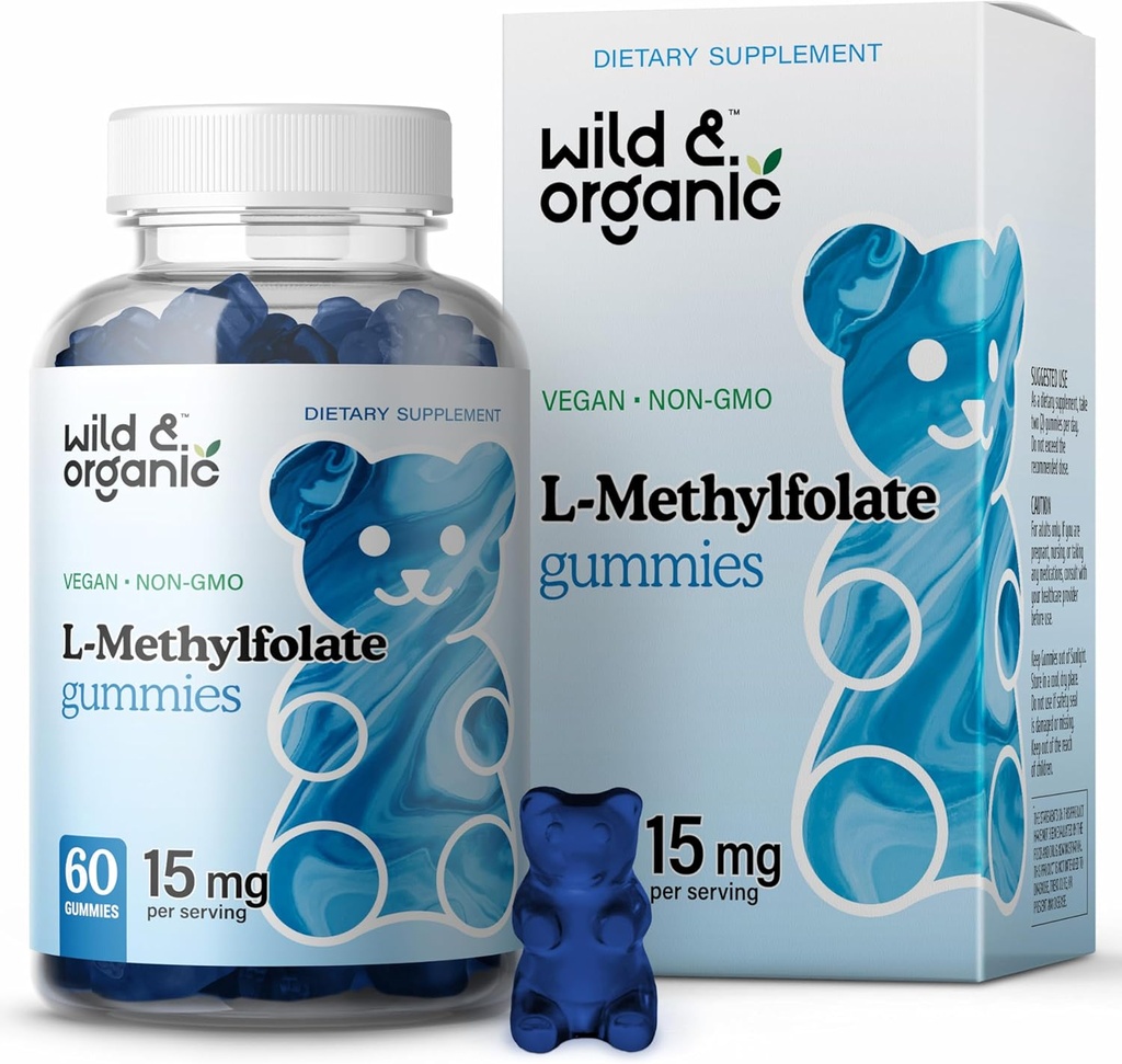Wild & אורגני L-Methylfolate 15 מ"ג חניכיים - Mood & Brain Support - Folate 5-MTHF תוסף עבור המוח, מיקוד, קלרנס - תוסף Folate W / Vitamin B9-60 non-GMO L Methylfolate Gummies