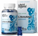 Wild & אורגני L-Methylfolate 15 מ"ג חניכיים - Mood & Brain Support - Folate 5-MTHF תוסף עבור המוח, מיקוד, קלרנס - תוסף Folate W / Vitamin B9-60 non-GMO L Methylfolate Gummies
