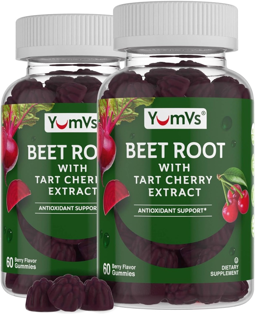 YUM-V'S Beet Root Gummies with Tart Cherry Extractor Beetroot Gummies - Beet Chews for Blood Circulation and Antioxidant Support - Red Beets Gummies ברי 60 Count (Pack of 2)
