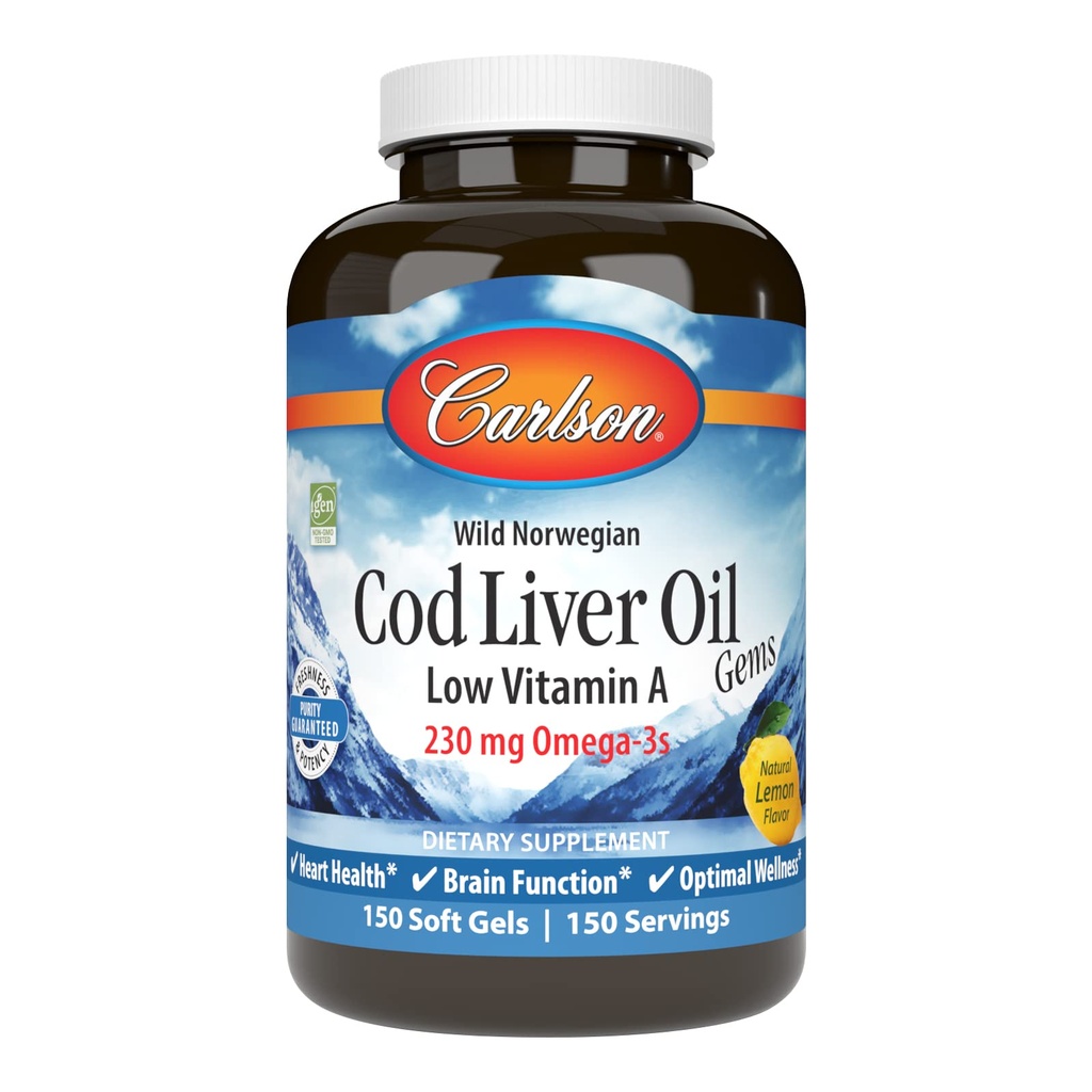 קרלסון - Cod Liver Oil Gems, Low ויטמין A, 230 מ"ג אומגה 3s, Norwegian, Wild Catch, Sustainably Sourced, 150 Softgels