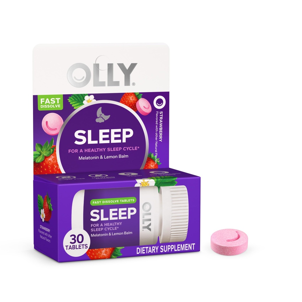 OLLY Sleep Fast Dissolves, 3mg Melatonin, Lemon Balm, Strawberry Flavor, 30 יום אספקה - 30 Count