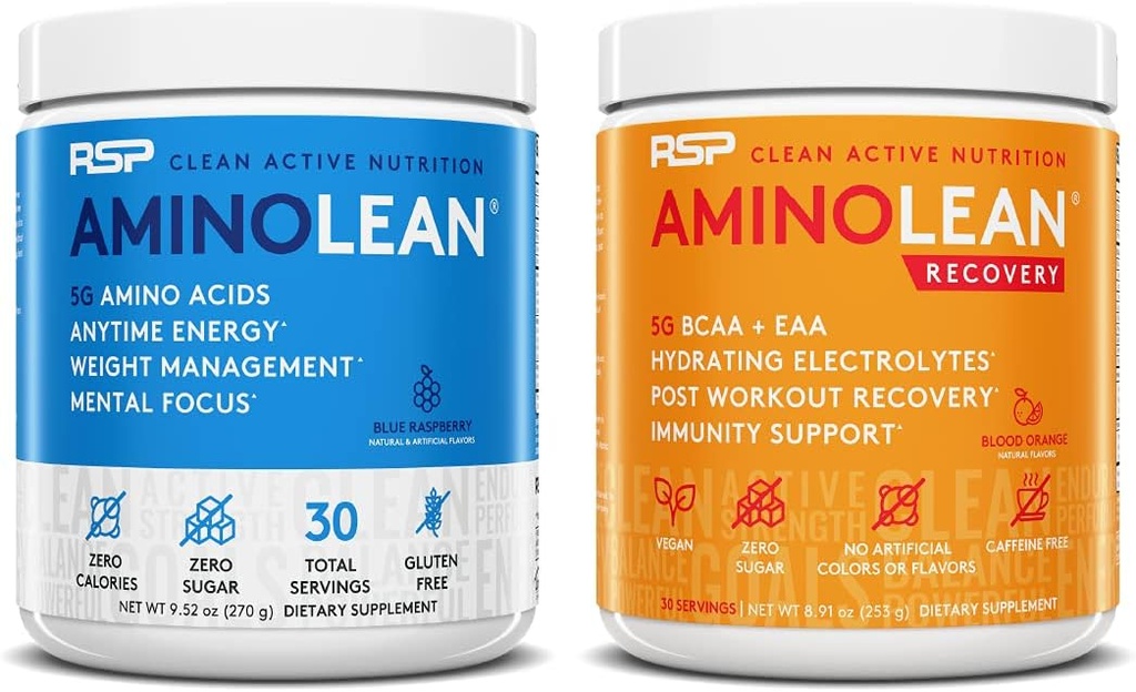 RSP NUTRITION AminoLean Pre Workout Energy (כחול פטל 30 משרתים) עם AminoLean Recovery Post Workout Boost (Blood Orange 30 משרתים)