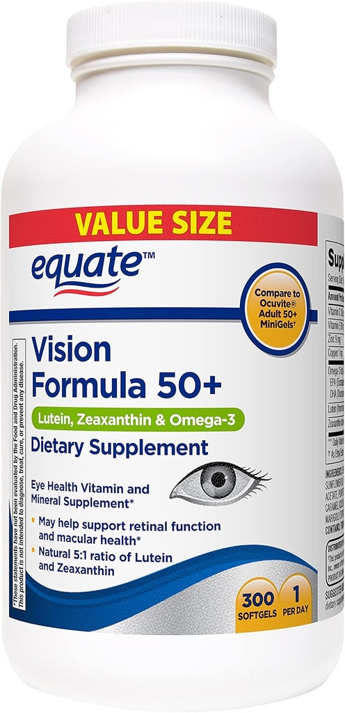 Equate Vision Formula 50+ Lutein, Zeaxanthin & אומגה 3, 300 Softgels