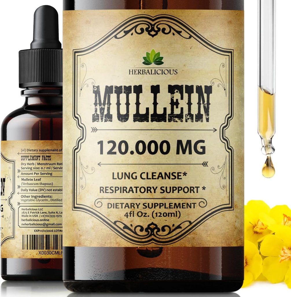HerBALICIOUS Mullein Drops for Lungs - אורגני Lung Cleanse תוסף עם Mallein Leaf Extract (Verbasus) - טבעוני, non-GMO פורמולה - 4 Fl Oz