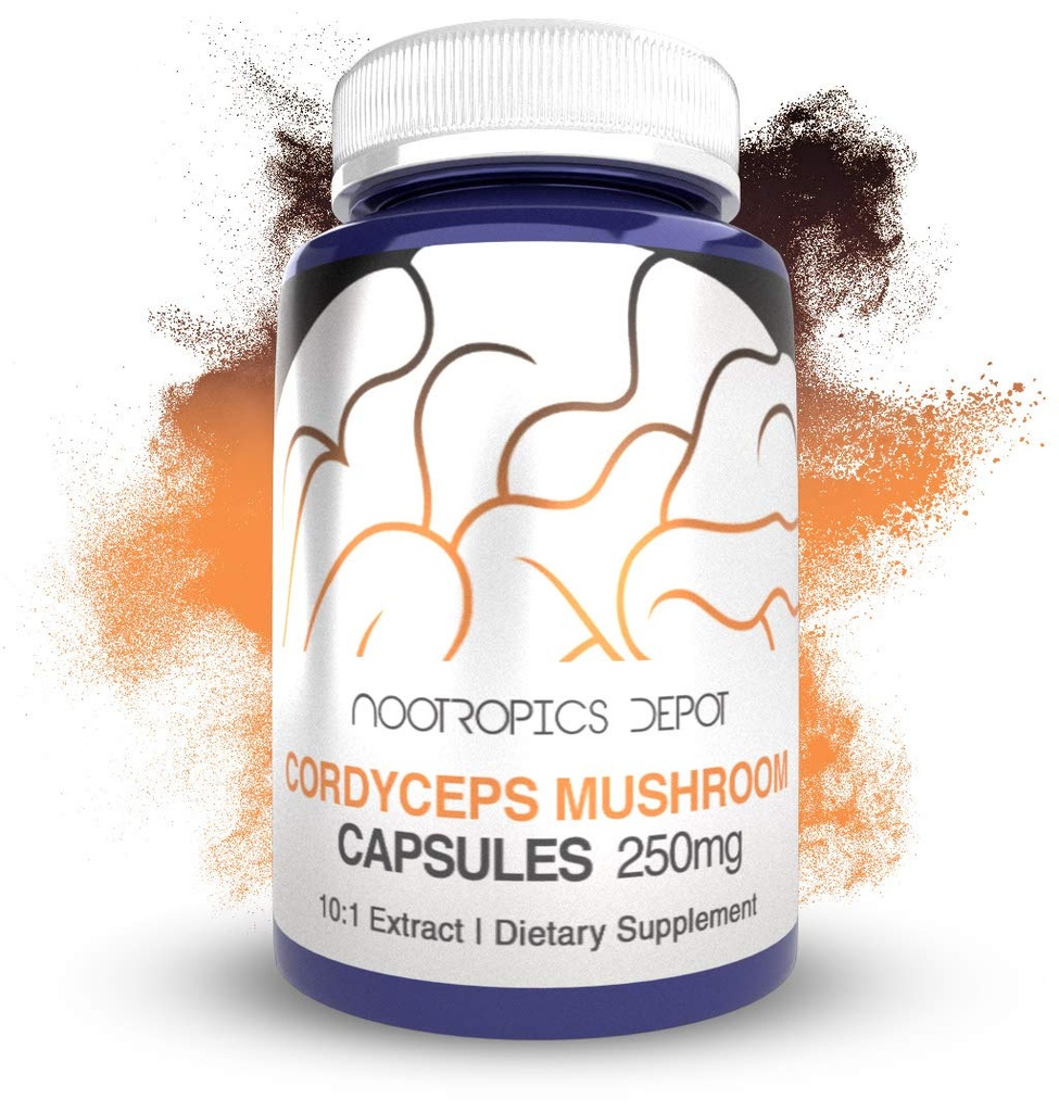 Nootropics Depot Cordyceps Mushroom קפסולות | 10:1 מלא תמצית הגוף פירות | 250 מ"ג | 180 Count | Cordyceps  Militaryisps