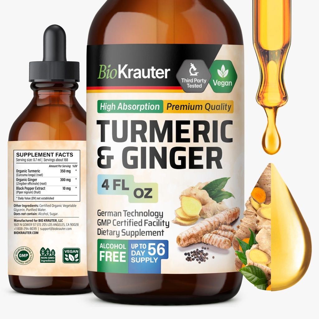 BIO KRAUTER® Turmeric וג'ינג'ר - Pure Vegan Liquid Turmeric & הג'ינג'ר Tincture with Pepper 4 Fl.Oz 56 Days of Supply - Curcumin Drops for Joint Support, Antioxidant & Immune Support