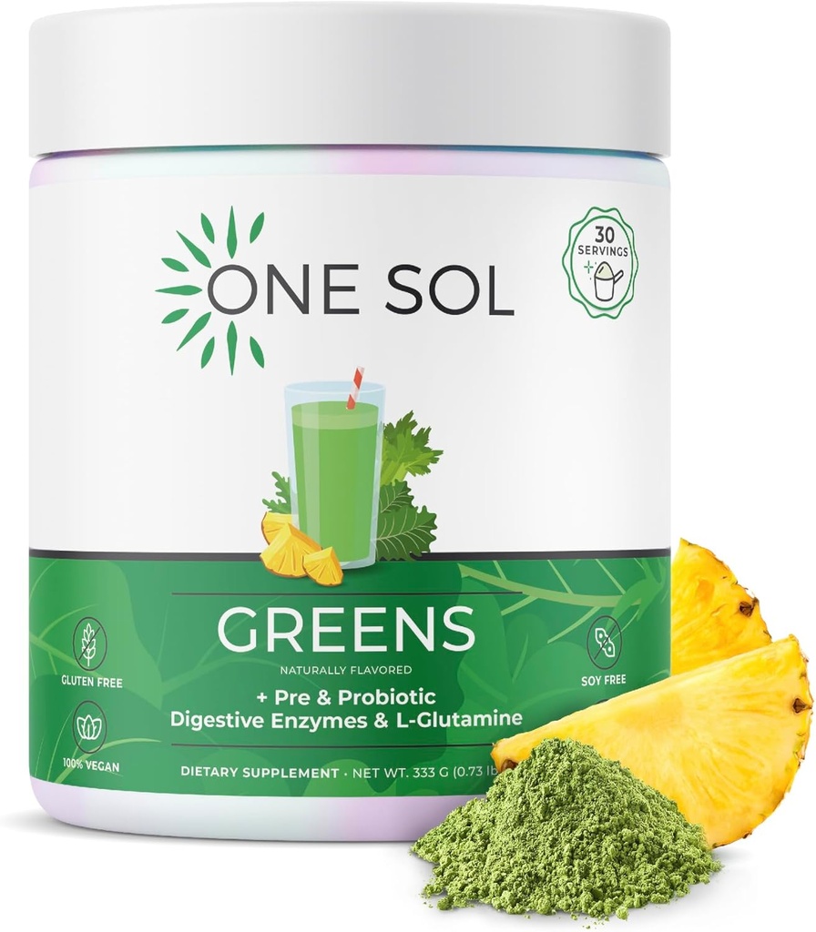 One Sol Greens, Super Greens אבקת כדי להפחית את Bloating & לשפר את בריאות Gut, Superfood Fresh Bloom ירוק בלגן Juice & Smoothie Mix, Pre & Probiotic עם Enzyive Enzy, טבעוני & Soy חינם