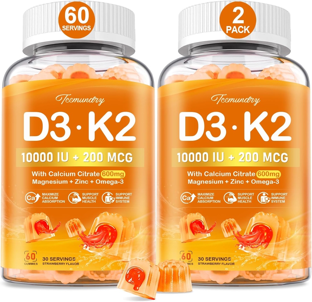 ויטמין D3 K2 5000IU / 10000 IU חניכיים למבוגרים - K2 D3 ויטמין תוסף עם 600mg Calcium, K2 (MK-7) 200mcg, מגנזיום, Zinc, אומגה 3 - תומך Calcium Absorption ו Immune Health Health