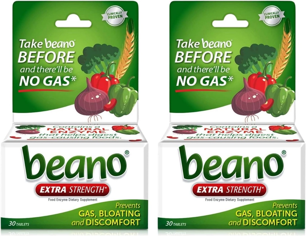 Beano תוספת כוח, Gas Prevention & Digestive Enzyme תוסף, 30 Count (Pack of 2)