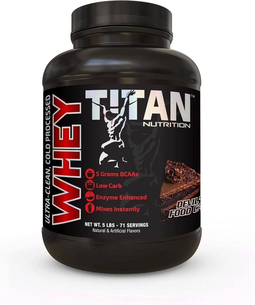 אבקת חלבון טיטאן Whey - Premium, Fast-Absorbing Whey עם 23g של חלבון, BCAAs, & Digestive Enzymes Per משרת - תומך Lean שריר Mass & Optimal Digest - 5 פאונד, Devils Food Cake