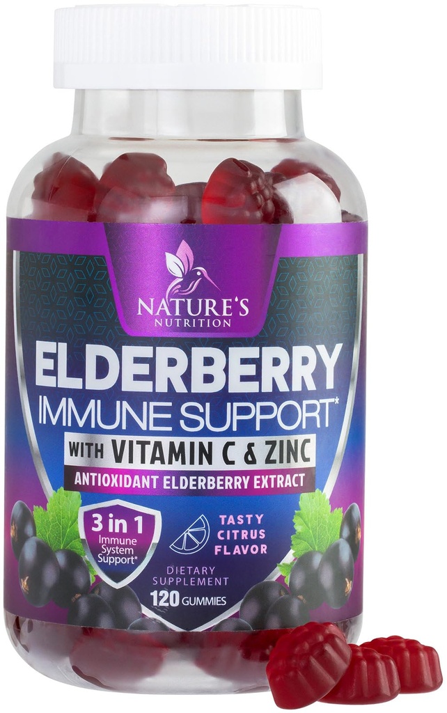 Immune Support Gummies with Elderberry Extractmy - Sambucus Elderberrymy עם Zinc & ויטמין C, טבעי טבעוני תמיכה תוספת עבור מבוגרים וילדים, חניכיים חניכיים - 120 מסטיקנים