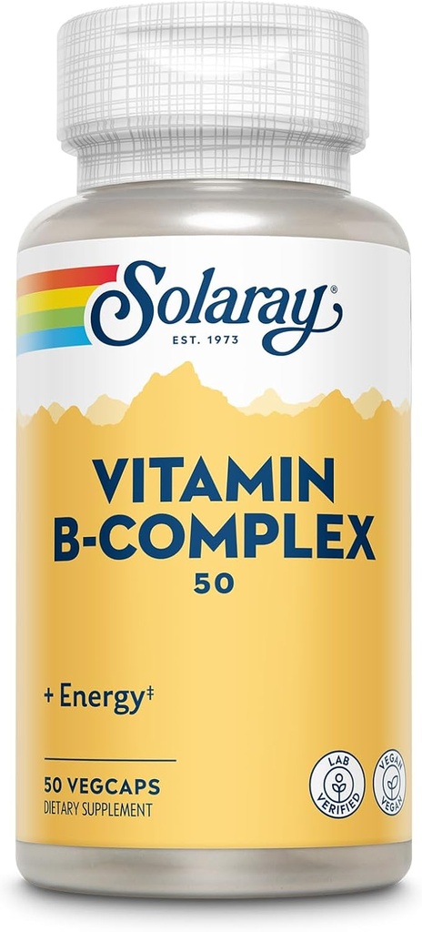 SOLAרי ויטמין B Complex 50 מ"ג - ויטמין אנרגיה סלולרי - metabolism ותמיכה בריאות עצבית עם ויטמין B12, ויטמין B1, B6, Niacin, Folic Acid, Biotin ואחרים ויטמין B - טבעוני, 50 VegCaps