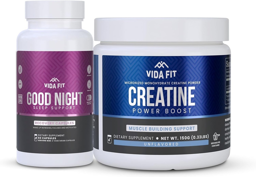Good Night Natural Sleep Aid (60 קפסולות) & Micronized Creatine Monohydrate אבקה (150g) Bundle - תמיכה טבעית בשינה עם מלטונין, Ashwagandha & L-theanine, Plus Pure Vegan Creatine כדי לשפר את הגדלה