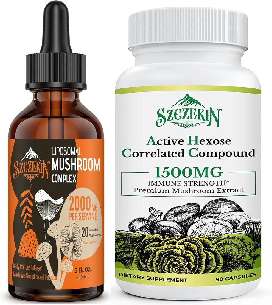 Active Hexose Cor Related Compound 1500 מ"ג תוספת 90 קפסולות Bundle עם 2000 מ"ג Liposomal Mushroom Complex טיפות 30 משרתות