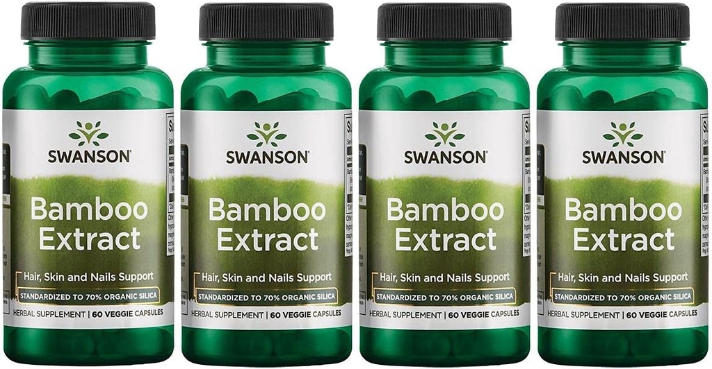 Swanson Bamboo Extract - שיער טבעי, עור וציפורים תוספת - 70% Silica תוכן תומך בתצורת קולג'ן ועצמות צמיחה - (60 קפסולות Veggie, 300 מ"ג כל אחד) 4 Pack