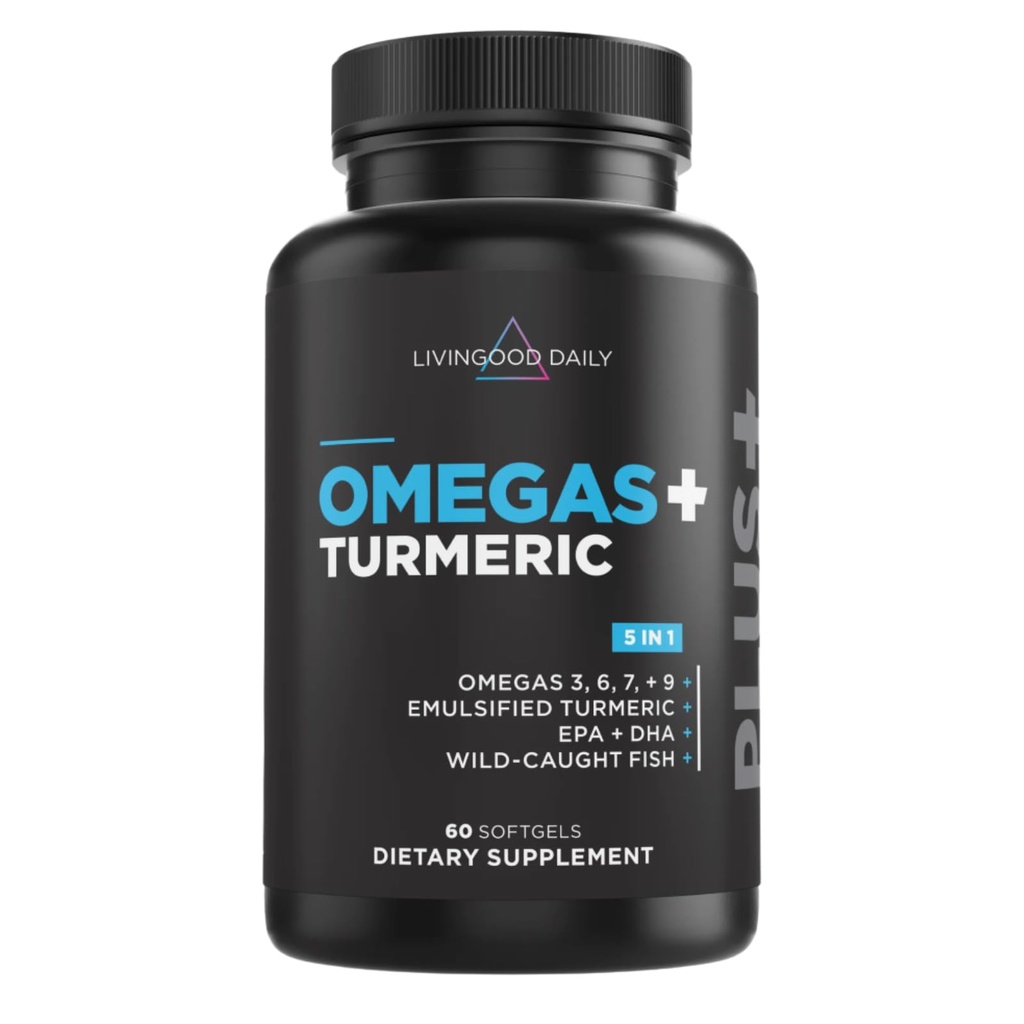 Livingood Daily אומגה 3 6 9 Plus Turmeric Curcumin תוסף, 60 Softgels - שמן דגים אומגה 3 תוספי מזון (EPA & DHA) עבור גברים ונשים - מוח, משותף, בריאות הלב, ומטבוליזם - מיוצר בארה"ב