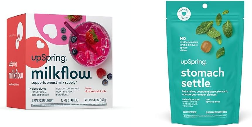 UpSpring Milkflow Electrolyte Breastfeeding תוספת משקה לערבב עם Fenugreek Stomach טיפות עבור Occasional Nausea הקלה / Upset Stomach עם ג'ינג'ר, לימון, Spearmint ו B6.