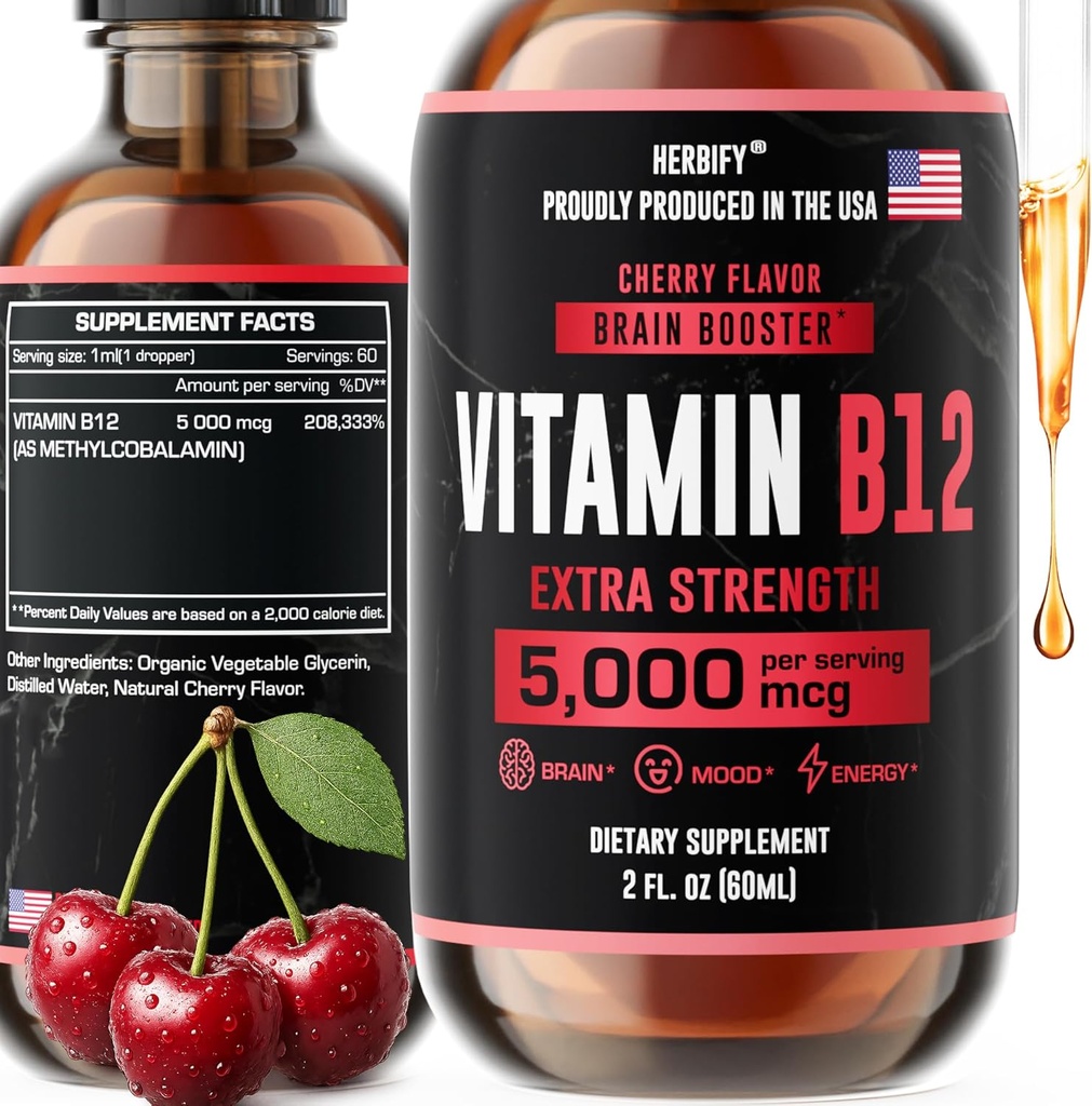 HerBIFY ויטמין B12 Methylated Multivitamin תוספי מזון עבור נשים וגברים - ויטמין B12 נוזלי B12 5000 Mcg Methyhydrobalamin - תמיכה באנרגיה ו- Immune Health נוזלי ויטמין 2 Oz