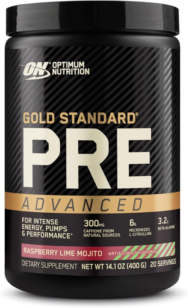 Optm Nutrition Gold Standard Pre Workout מתקדם, עם Creatine, Beta-Alanine, Micronized L-Citrulline וקפאין לאנרגיה, Keto Friendly, Raspberry Lime Mojito, 20 משרתים