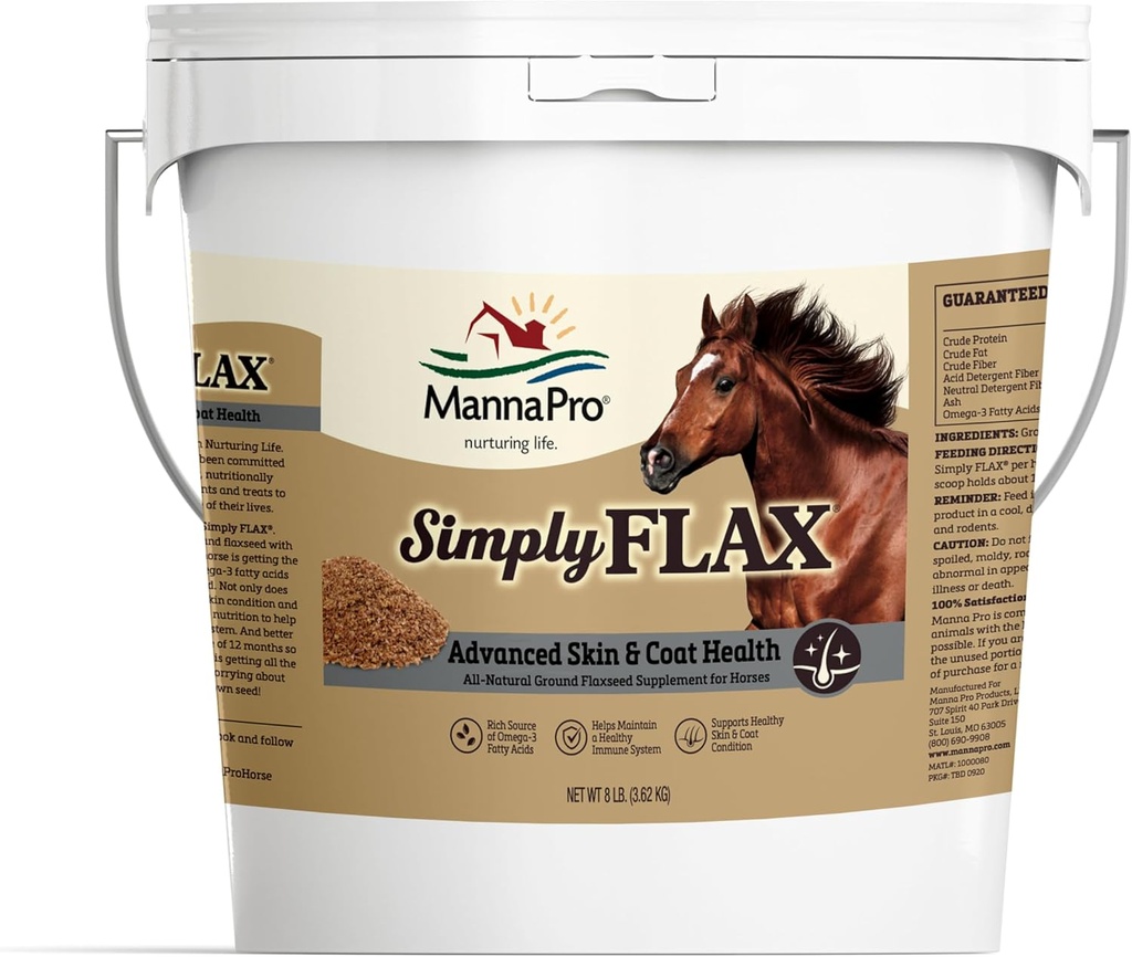 Manna Pro Just Flax for Horses - אומגה 3 Rich Flaxseed תוסף - תמיכה דלת בריאות, פונקציונליות משותפת מערכת החיסון - מקור טבעי של חומצות שומן חיוניות - Groundx - 8 lb Bag