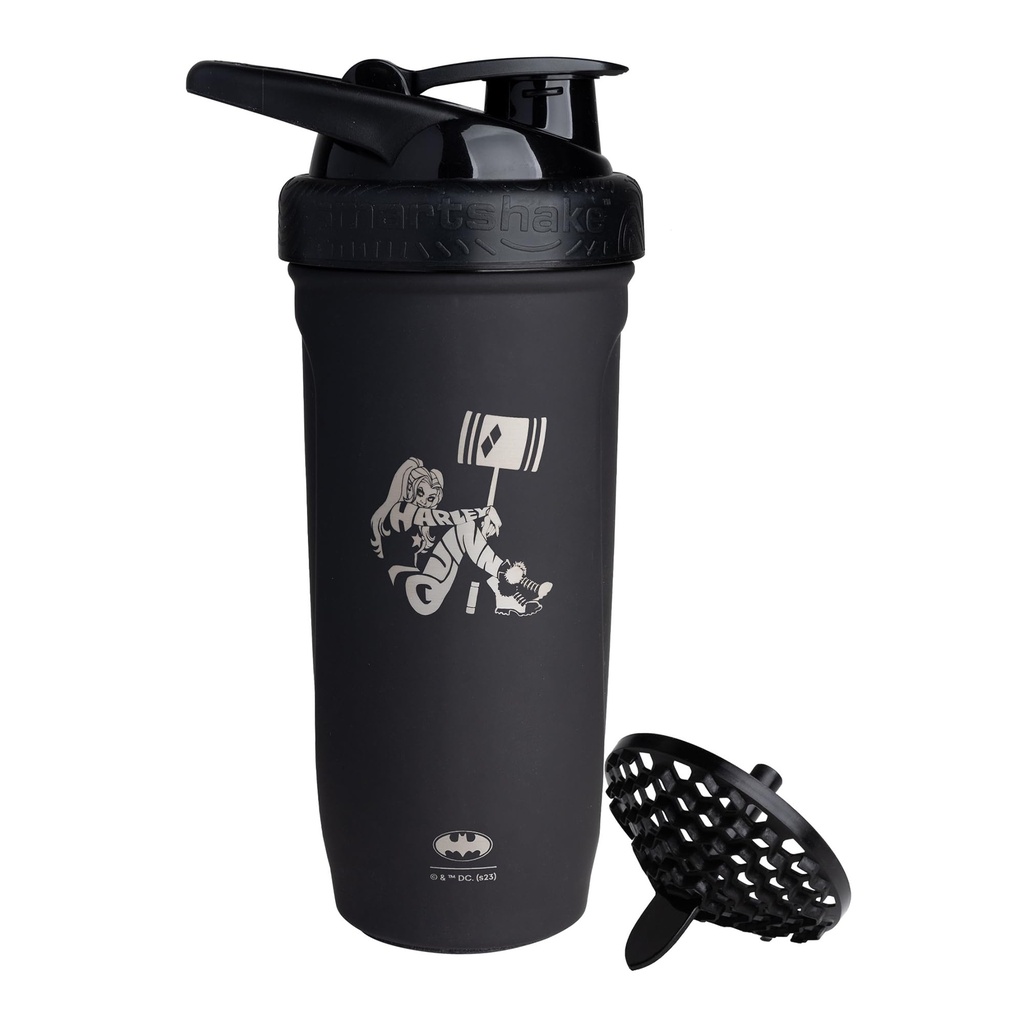 Smartshake DC COMICS Reforce Stainless Steel חלבון Shaker 900 מ"ל | 30 oz - Leakהוכחה Screw-on Lid - BPA Free - Unisex - Non Insulated - Harley קווין הלוגו