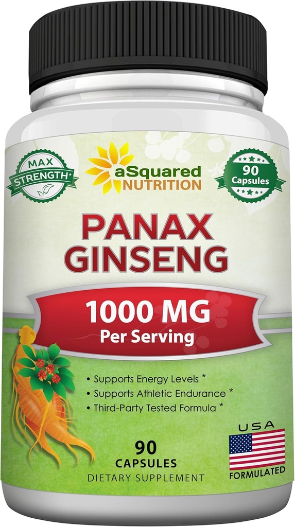 ASquared תזונה טבעית קוריאנית Panax גינזנג (1000 מ"ג מקס כוח)-90 קפסולות שורש מורכבות (Red & White), High Dosage Genesenosides ב Seeds, אבקת אסיה, תוספי גלולות עבור אנרגיה