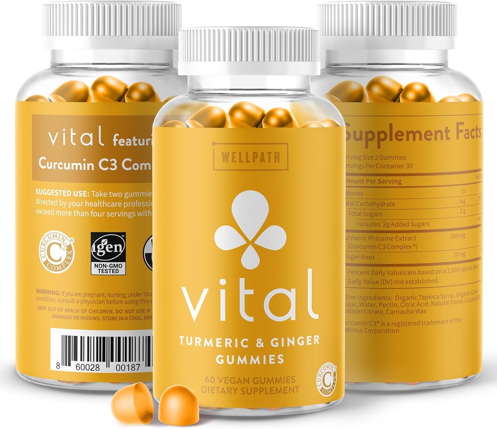 WellPath Vital Turmeric Gummies + ג'ינג'ר - תוסף תמיכה משותף Curcumin, Turmeric Curcumin C3 Complex, Tasty Alternative to קפסולות, Turmeric & ג'ינג'ר שורש, טרופי פלמור צ'יפס, טבעוני, 60 Ctttttttic Curcumin Cttttttic Ct סטייל אלטרנטיבי לקפסולות,