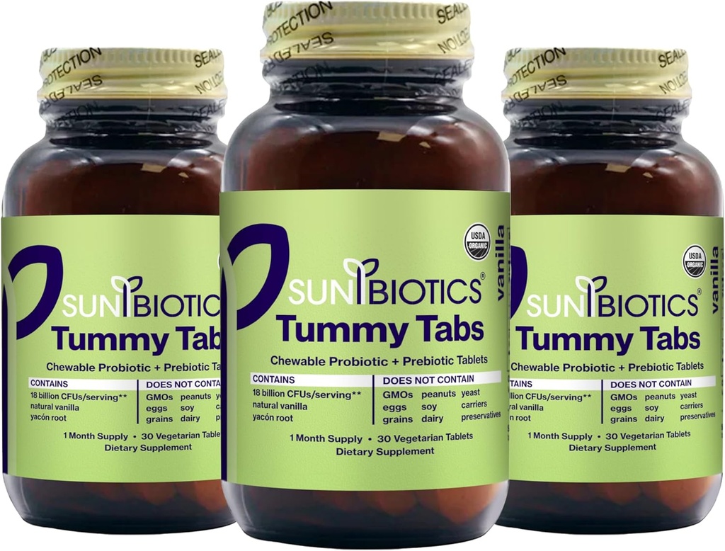 SunBIOTICS Tummy Tabs - טבליות פרוביוטיים ופרוביוטיים עם 18 מיליארד CFUs של 4 Probiotic Strains עבור Good Gut פלורה, מערכת החיסון, & Balanced Microbiome - וניל, (Pack of 3)