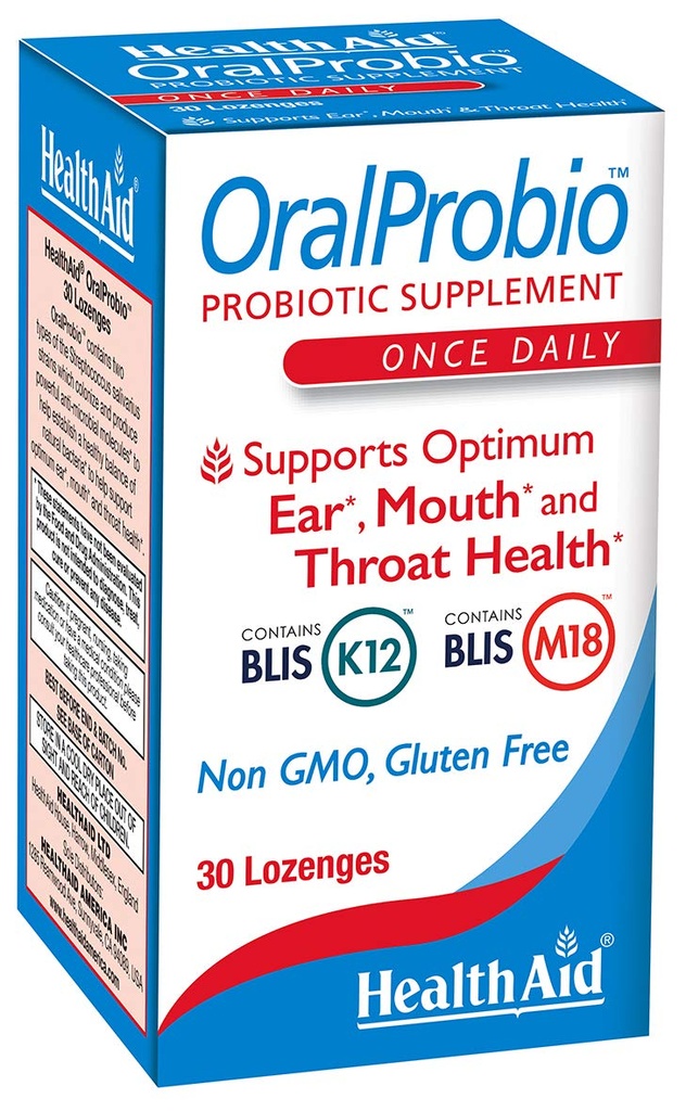 OralProbio 30ct, Once Daily Chewable Tablets, תומך אופטימוסם אוזניים, פה ובריאות גרון, non GMO, Gluten Free, Peppert Flavor, מכיל BLIS K12 & M18