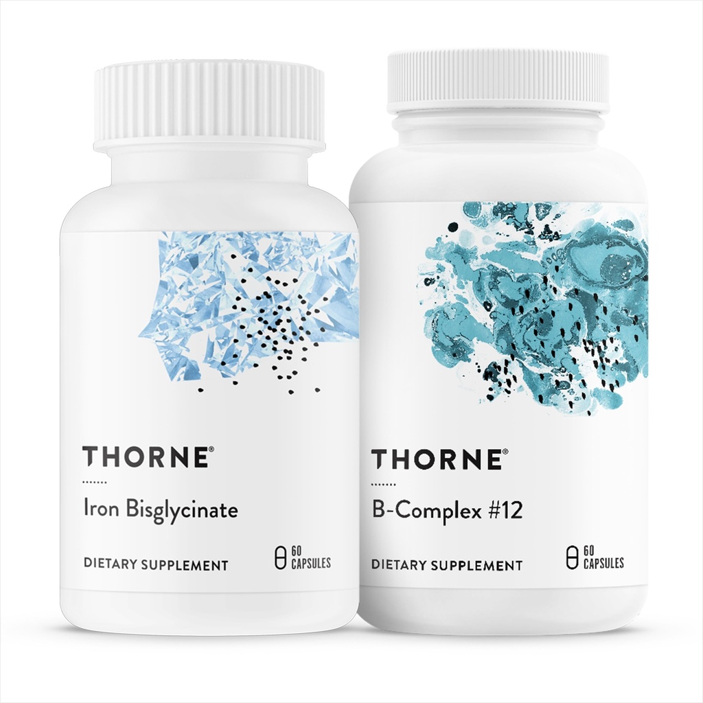 THORNE - Acent Essentials Duo - Iron Bisglycinate & B-Complex #12 לתמיכה באנרגיה ולבניית דם - 60 משרתים