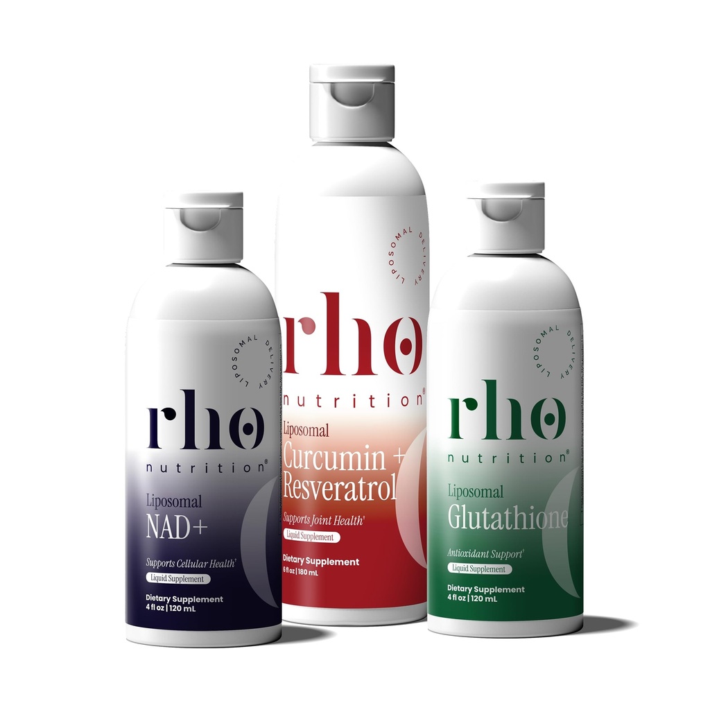 Rho Nutrition - Cell Health Essentials Bundle - תוספי Liposomal נוזלי לתמיכה בריאה Aging & cell - NAD+, Curcumin + Resveratrol, & Glutathione (3 Pack)