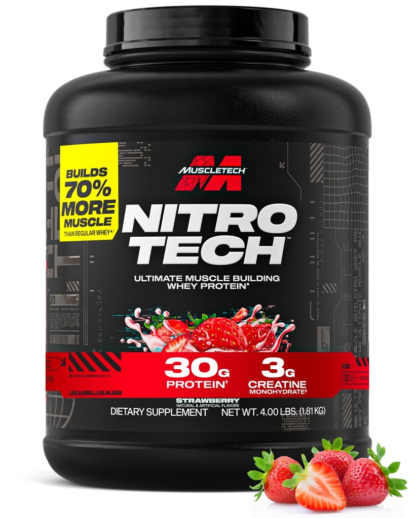 אבקת חלבון שרירי Whey (Strawberry, 4 פאונד) - Nitro-Tech Ultimate השריר פורמולה עם חלבון Whey חלבון Isolate - 30 גרם של חלבון, 3g של Creatine & 6.8g של BCAA - Packaging May Vary Vary חלבון Isolate - 30g של חלבון, 3g של קריטין ו 6.8g של BCAA - Packaging May Vary Vary Vary Vary Vary