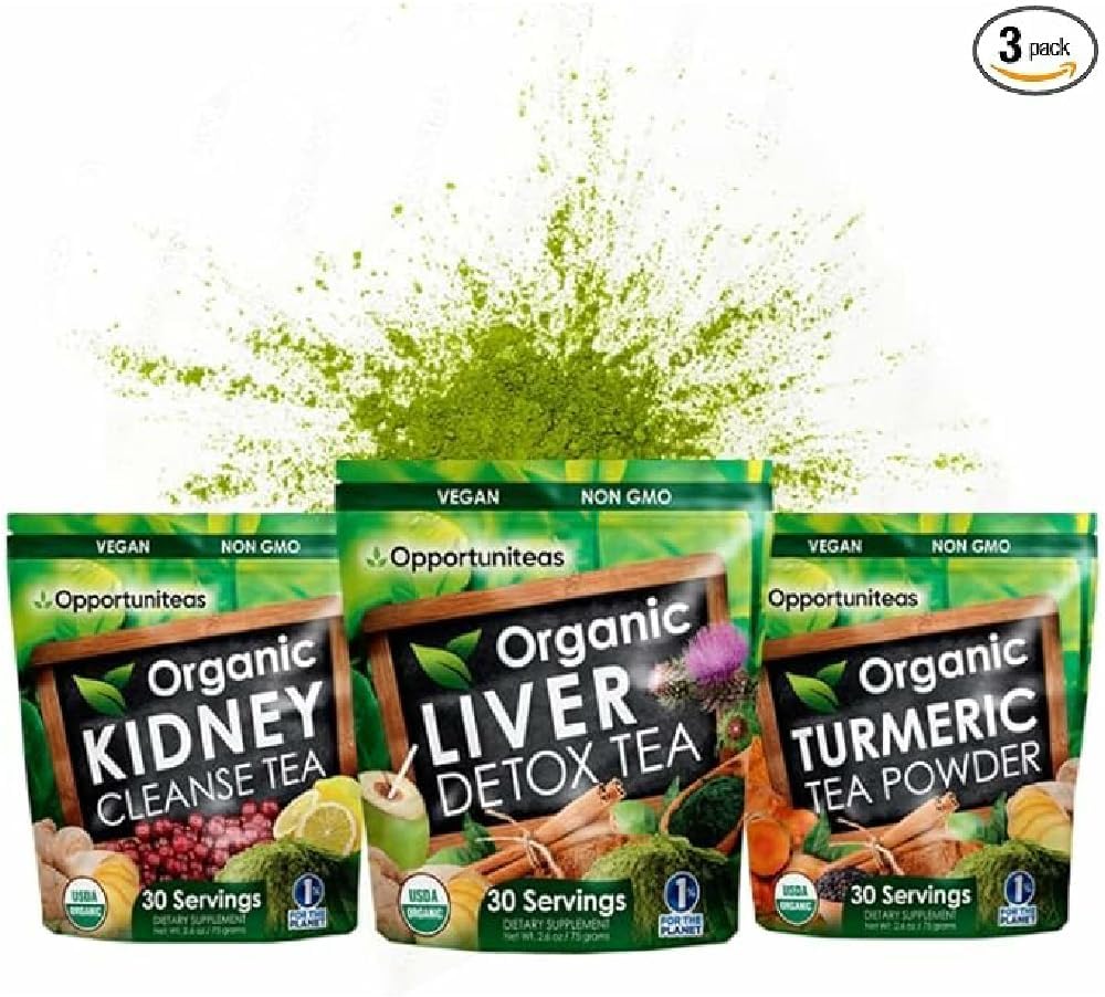 Opportuniteas Matcha Detox אבקת תה - תה ירוק טורקימרי אורגני, Kidney Detox, ו- אורגני Liver Detox Bundle