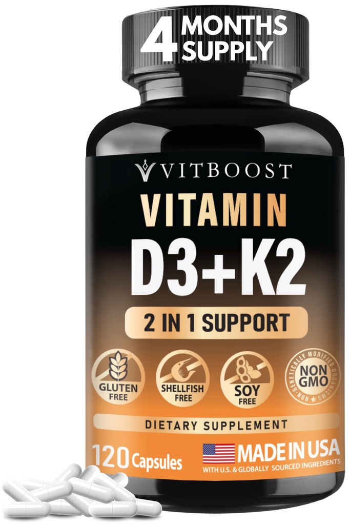 VITBOOST ויטמין D3 K2 Complex - Easy to Swallow - ויטמין D (D3) 5000 IU (125 mcg) & K2(MK-7) 90 mcg | Non-GMO ten-Free | USA Made | 120 קפסולות