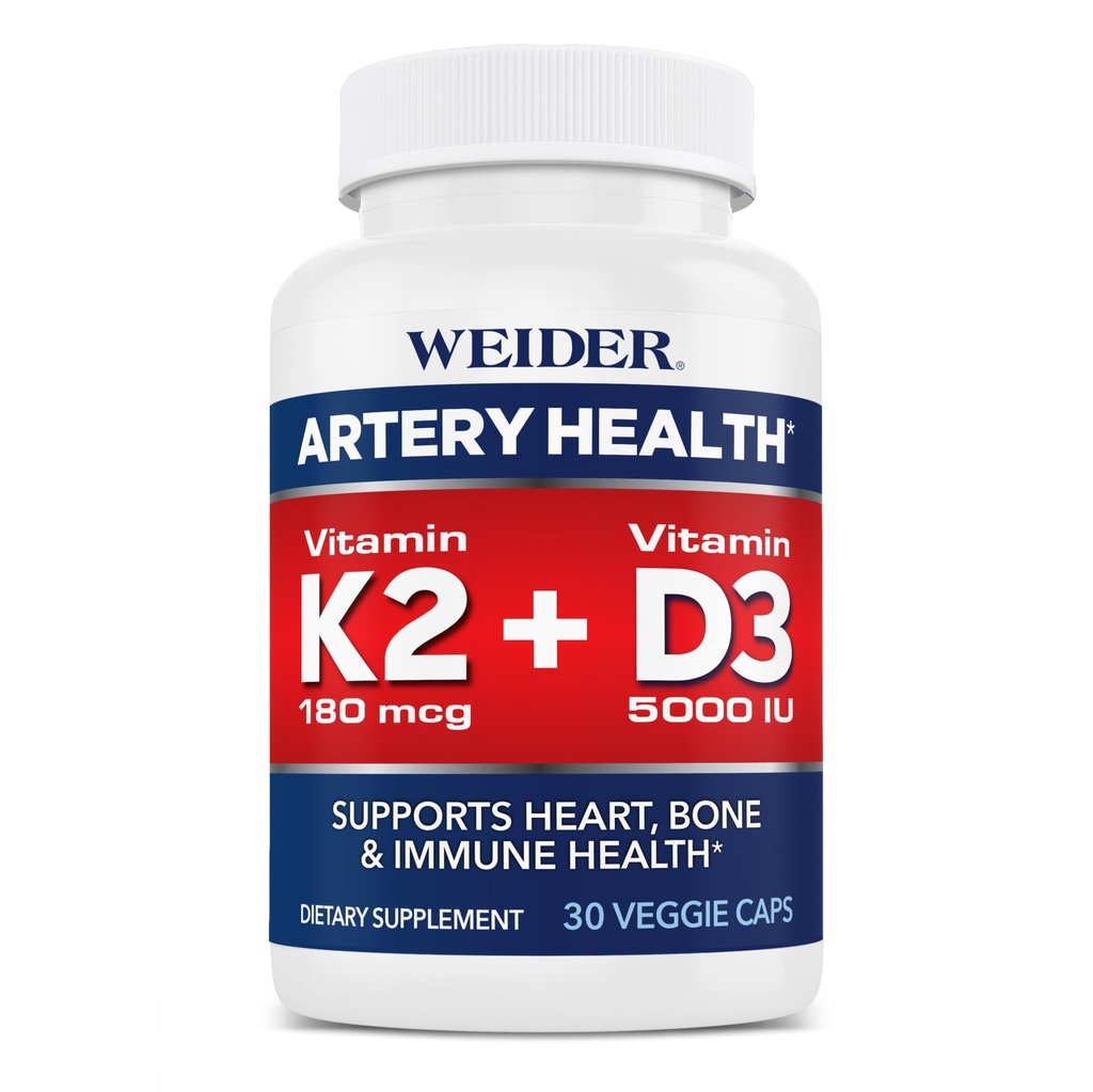 Weider Artery Health for Heart, Immune ועצמות תמיכה עם ויטמין K2 (180mcg) ווויטמין D3 (5000io), 30 קפסולות Veggie