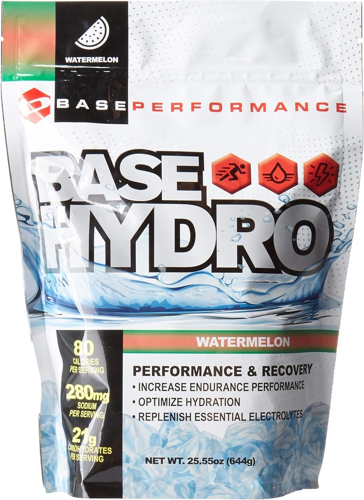BASE Performance Hydro - Watermelon | 28 משרתות בתוך כל Bag Eco-Friendly Mylarly Mylar Bag; Band of Dextrose, Fructose, maltodextrin ו- אלקטרוליטליטים חיוניים. (בטיחות)