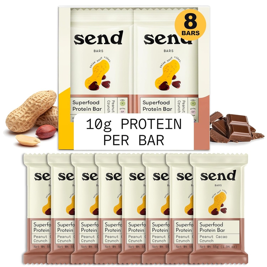 שלח Bars Plant-based fat Bars, עם ירוק (Peanut Cacao Crunch, 8 Bars) - רק רכיבים אמיתיים, Zero הוסיף סוכר, Gluten-Free, ללא חלב