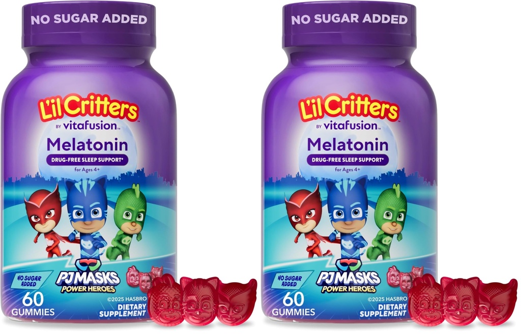 L'il Critters PJ Masks Gummy Melatonin תוסף לילדים, תמיכה בשינה ללא סמים, 60 חניכיים (Pack of 2)