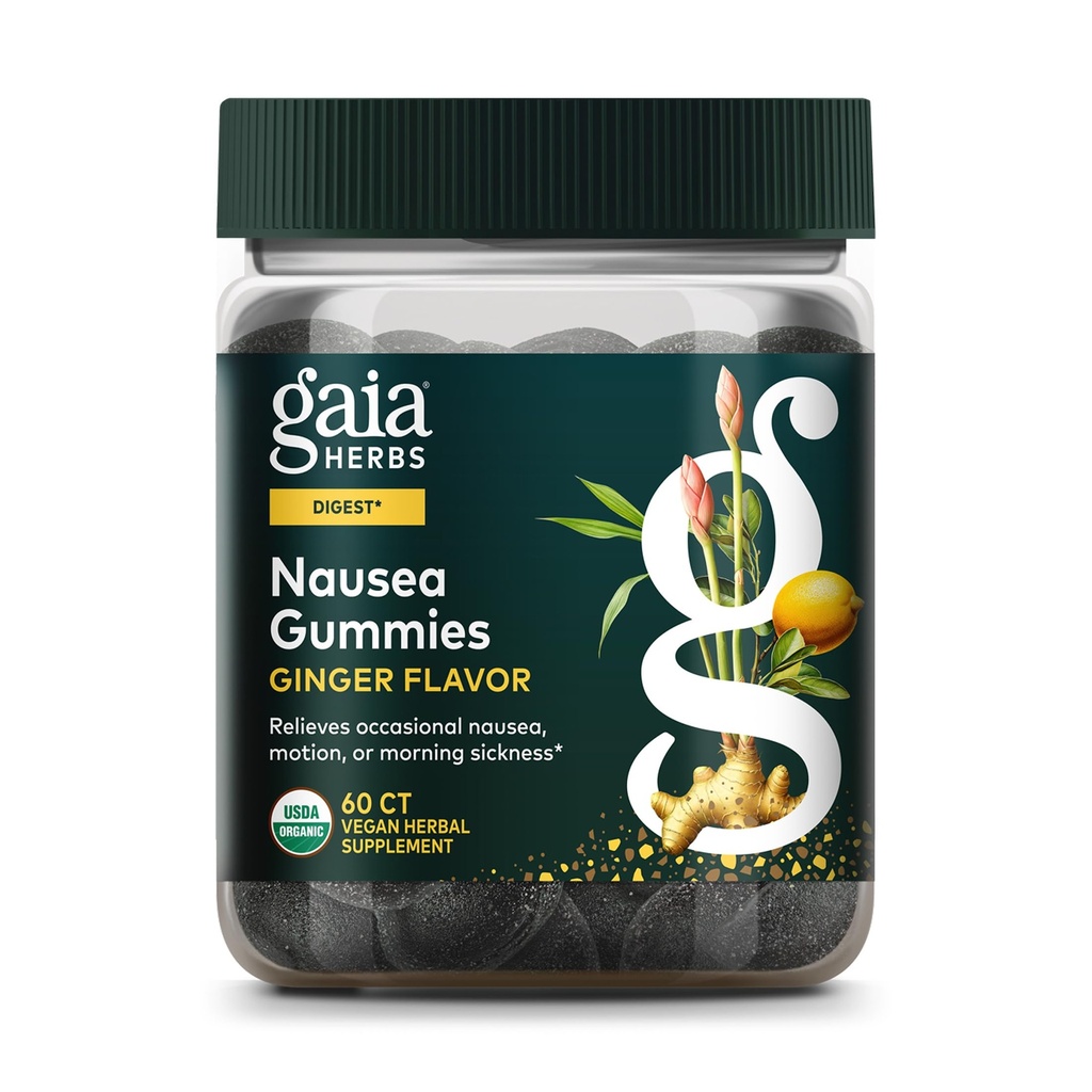 גאיה Herbs Nausea Organic Gummy - Relieves Occasional Nausea - עם ג'ינג'ר ולימון - 60 חניכיים טבעוניות (30 יום אספקה)