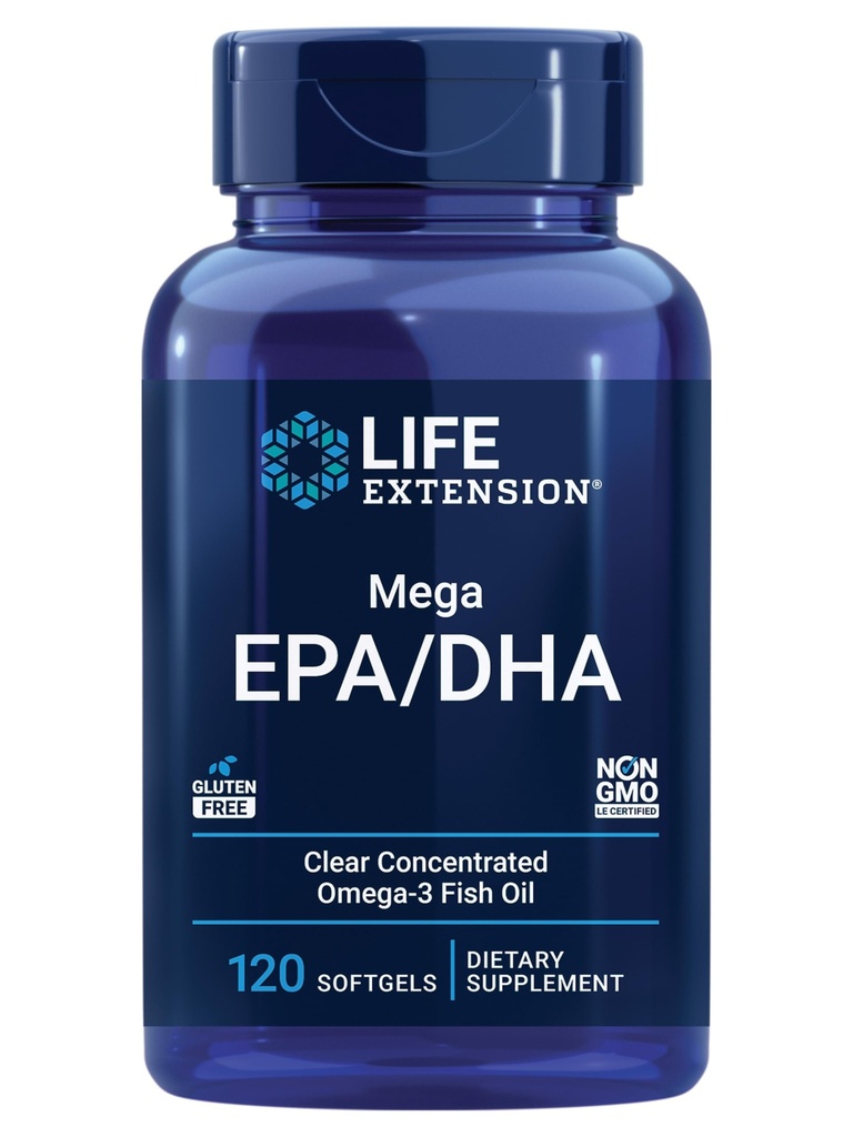 Life Extension Mega EPA / DHA, אומגה 3 חומצות שומן, בריאות הלב והמוח, non-GMO, Gluten-Free, 120 רכות