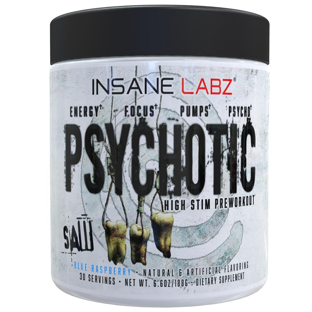 Insane Labz Psychotic SAW, High Stim Pre Workout אבקת עם OxyGoldeTM ו AMPiberry®, Extreme Lasting Energy with Teacrine®,Focus with CognitIQ® ו- Endurance (30 משרתים (Pack of 1), Blue Raspberry)