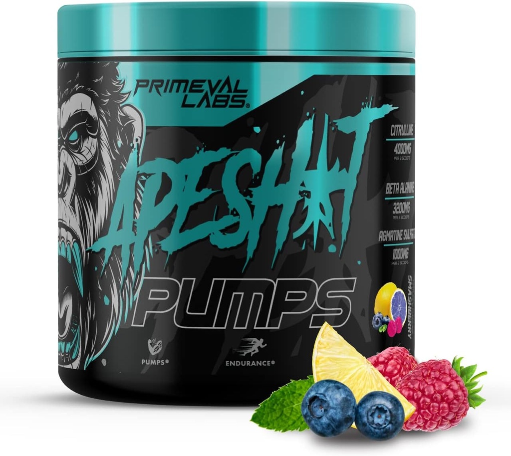 Primeval Labs Ape Pumps אבקת PreWorkout עבור גברים ונשים 40 לשרת, Smashberry | Caffeine חינם | Nitric Oxide Pump Pre Workout Energy Drink, Intense Pumps, Power, אלן Betaine, L Citrulline