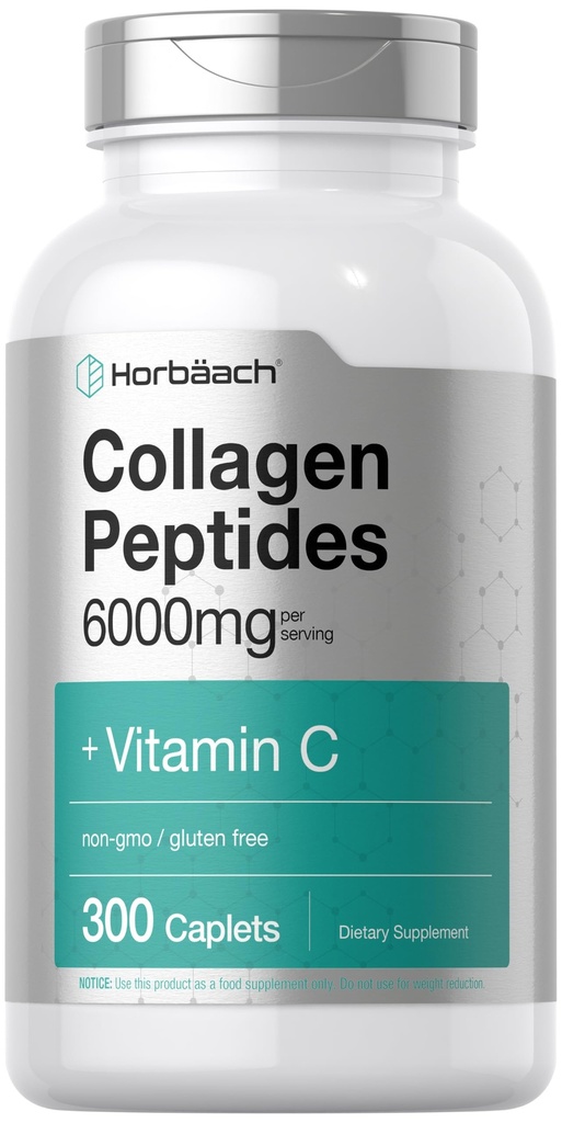 Horbäach Collagen Peptides 6000 מ"ג | 300 Caplet Pills | עם ויטמין C | hydrolyzed Collagen תוסף
