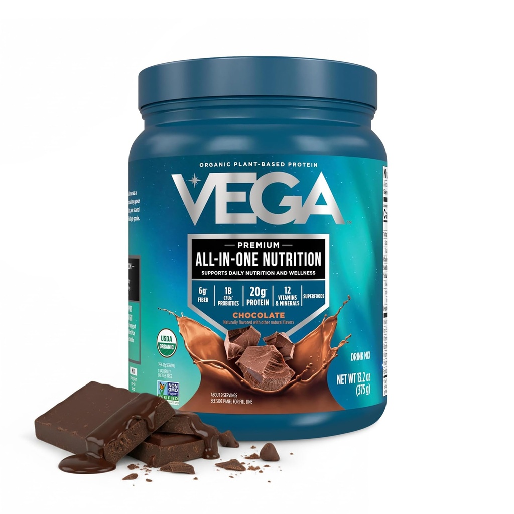 Vega אורגני All-in-One Vegan אבקת חלבון, שוקולד - Superfood Ingredients, ויטמינים לתמיכה בתחמושת, Keto Friendly, Pea חלבונים לנשים וגברים, 13.2 oz (Packaging May Vary)