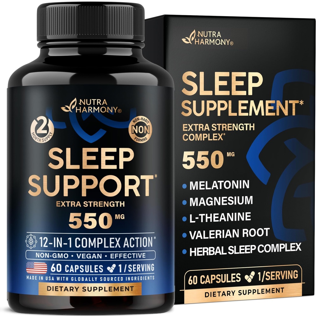 Sleeping Pills for Adults 550mg - Melatonin 3mg | Valerian Root for Sleep | L-Theanine | Magnesium - Natural Sleep Aid Supplement - Non-Habit Forming Rest Support - Lab Tested - 1/day, 2 Month Supply