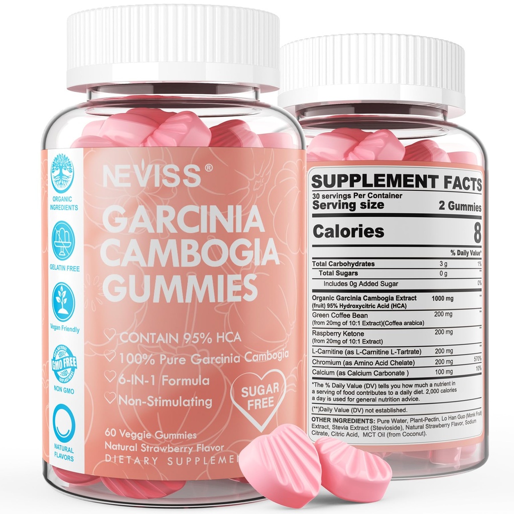סוכר חינם Garcinia Cambogia חניכיים 1000 מ"ג 95% HCA פלט טהור עם L-Carnitine, Raspberry Ketone, Chromium, קפה ירוק Bean עבור Metabolism, 100% מזון אורגני, טבעוני, סטרוברי פלבקטור 60 Ctss