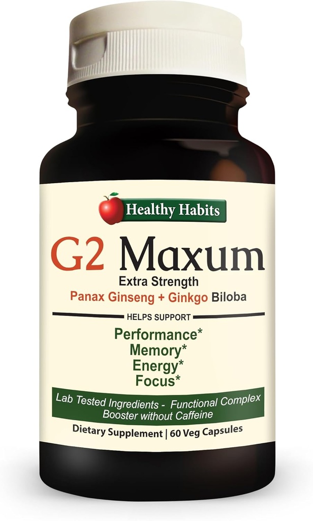 הרגלים בריאים G2 Maxum תוספת כוח Panax גינזנג פלוס גינקו בילובה בלגן לתמוך אנרגיה ותפקוד קוגניטיבי 60 Veg כמוסות בקבוק